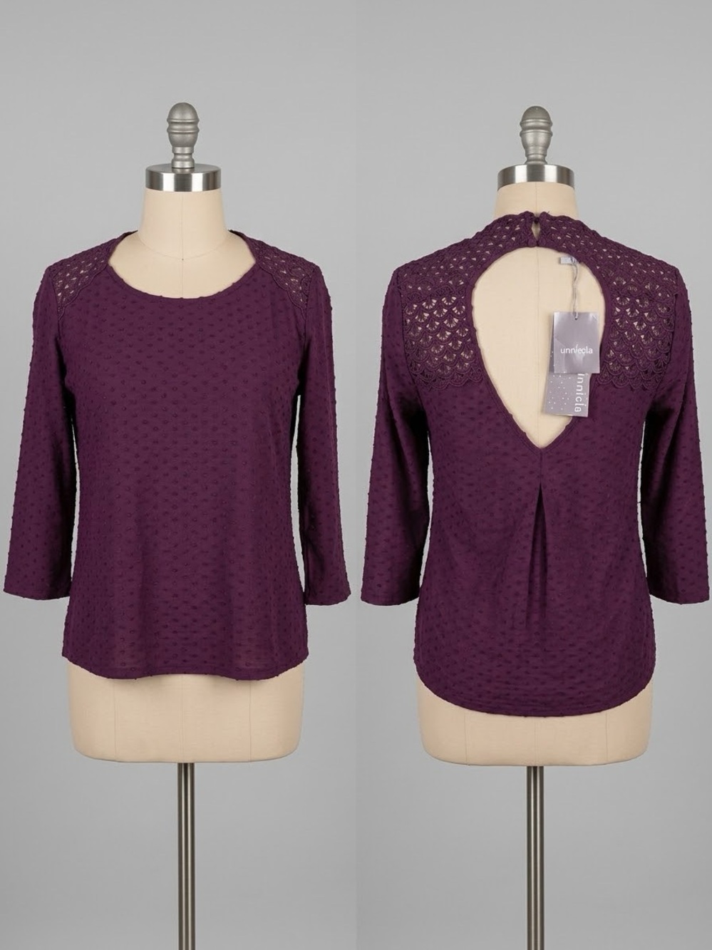 Daniel Rainn NWT Purple Swiss Dot Cutout Back Lace Top Petite Small